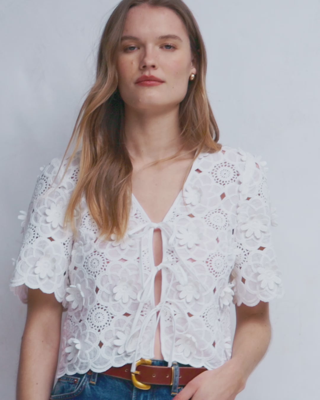 Tie Front Lace Top-White