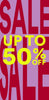 Red and yellow up to 50% off sale text on a pink background