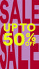 Red and yellow up to 50% off sale text on a pink background