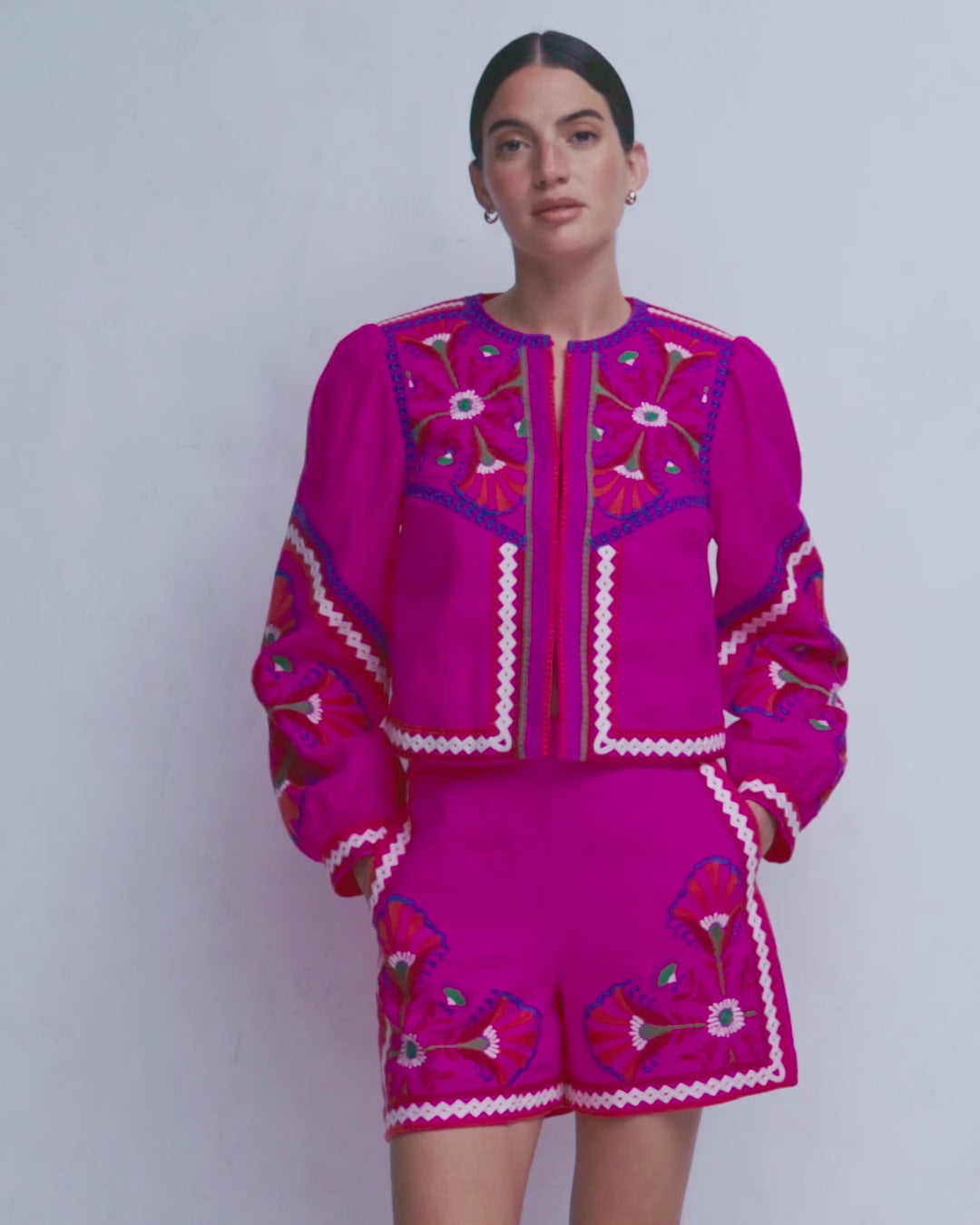 Embroidered Linen Shorts-Pink Peony, Embroidered-2