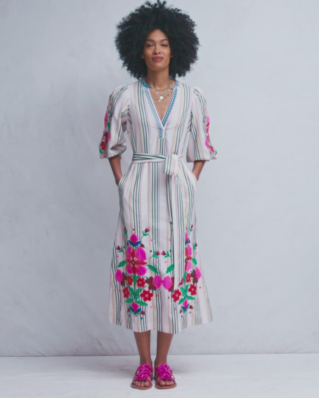 Octavia Cotton Dress-Multi Embroidery Stripe-2