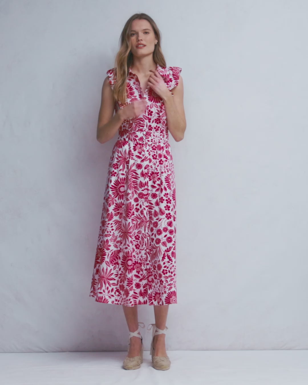 Ruffle Bodice Shirt Dress-Merida Red, Flowerbed Bloom-2