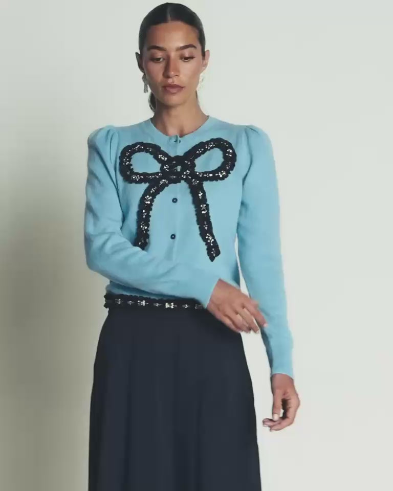 Ria Embellished Knit Cardigan-Blue, Bow-2