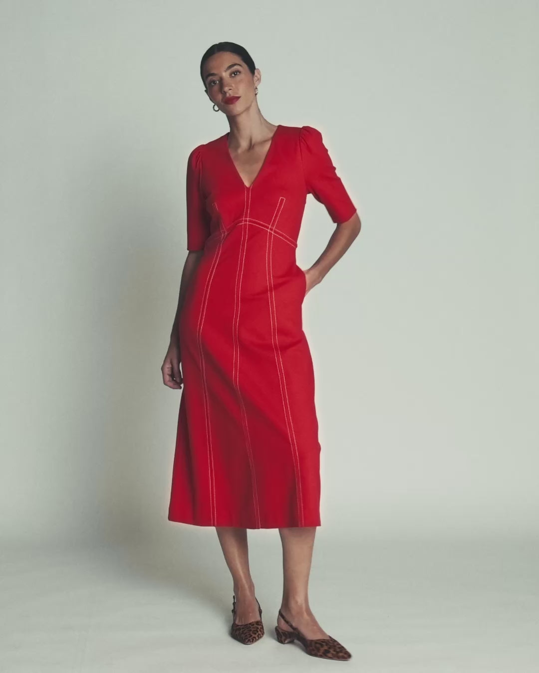Puff Sleeve Ponte Midi Dress