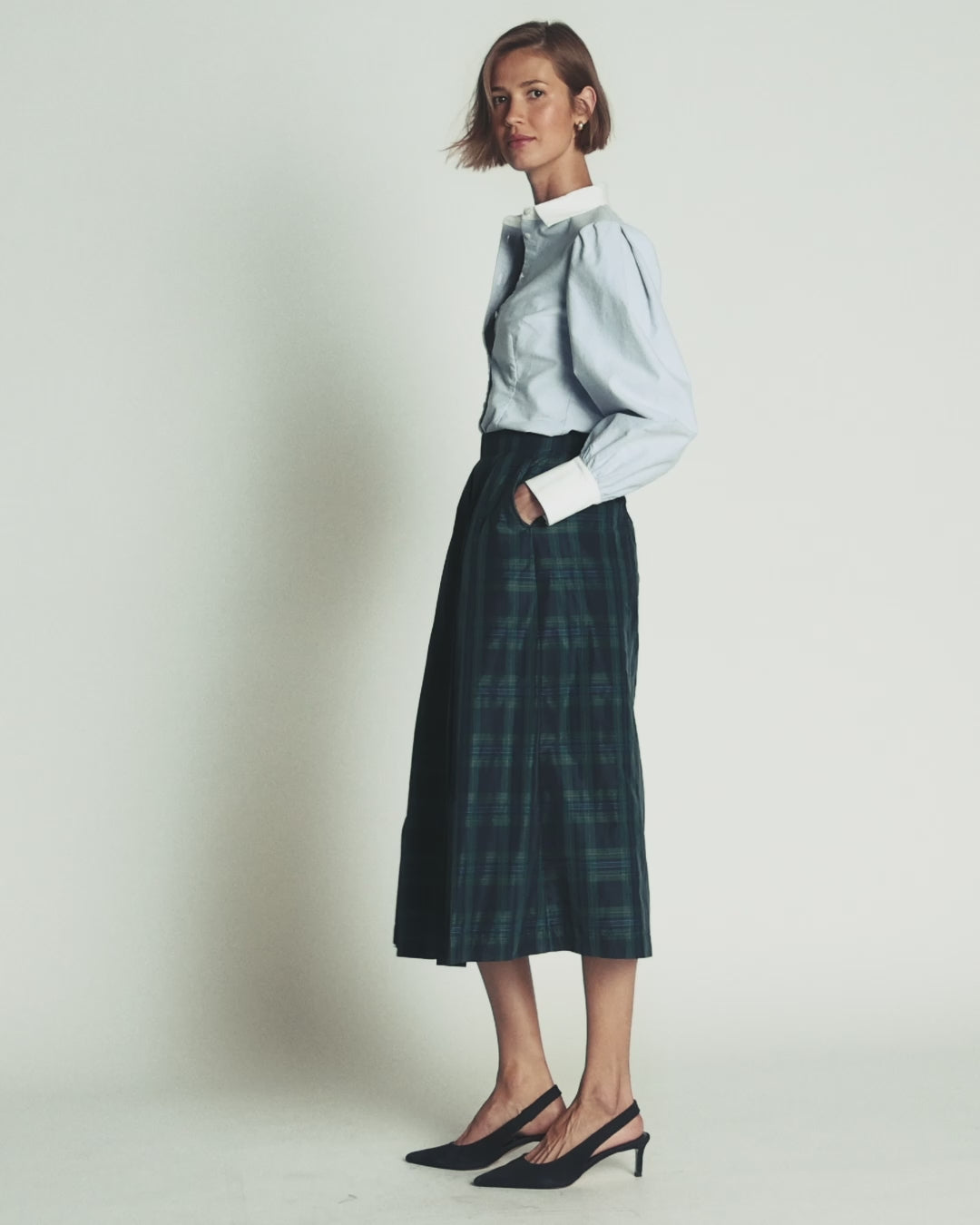 Verity Taffeta Midi Skirt-Navy, Green,Blue Tonal Check-2
