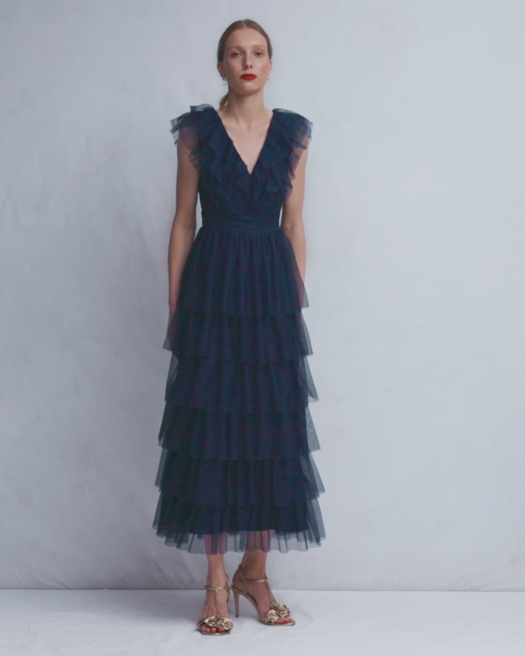Ruffle Tulle Tiered Dress-Navy-2