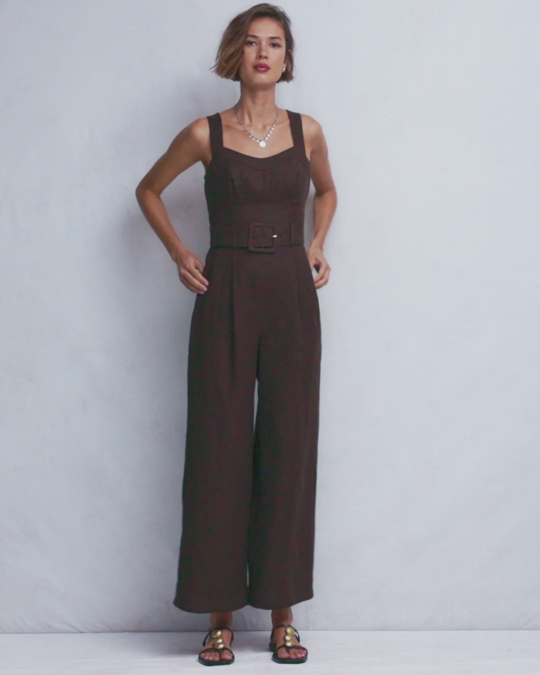 Panelled Bodice Linen Jumpsuit-Bitter Chocolate-2