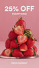 Stack of strawberries on a pink background with promotional text overlay