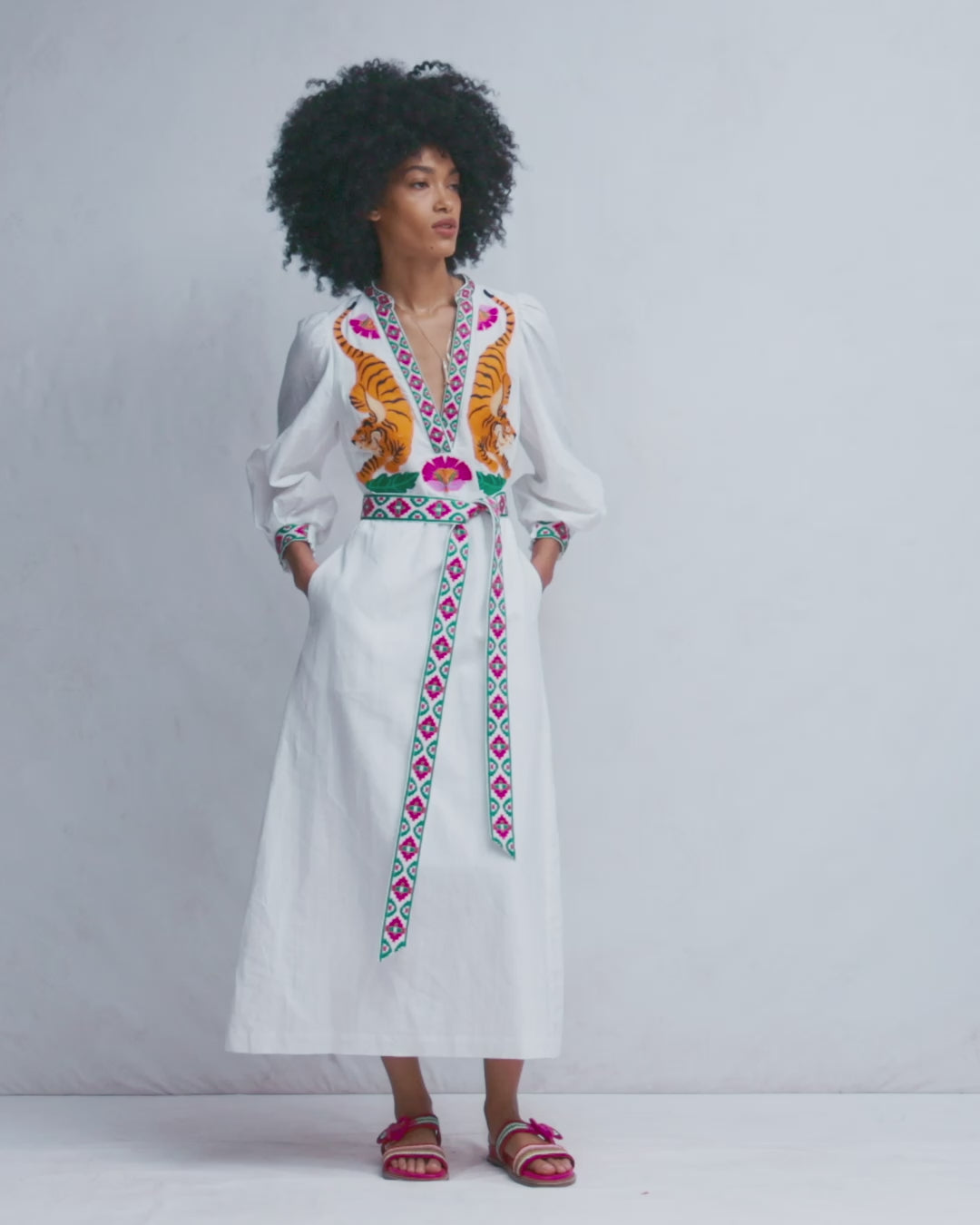 Octavia Linen Blend Dress-Tiger Embroidery