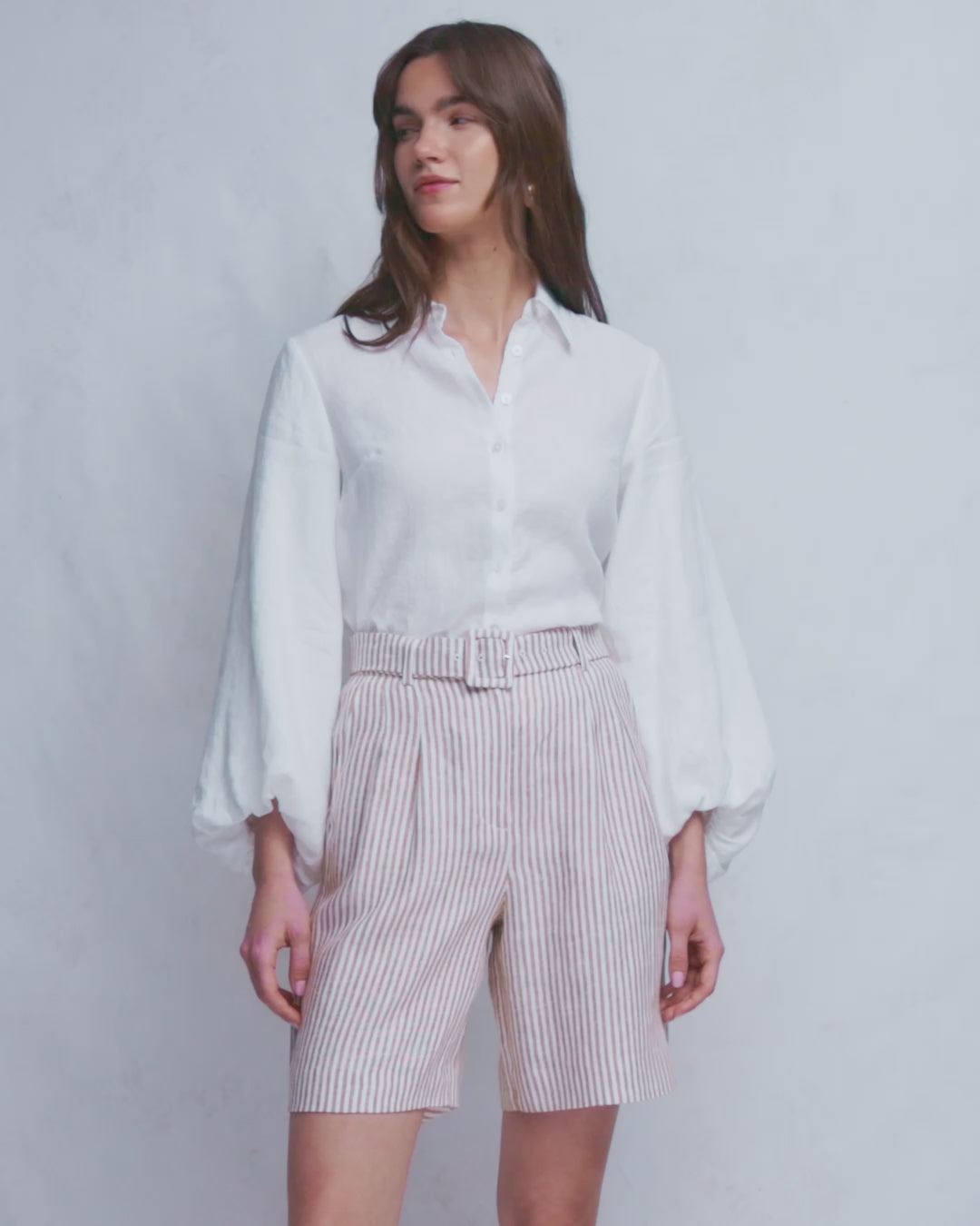 Chelsea Belted Linen Shorts-Brown, Ivory Ticking Stripe