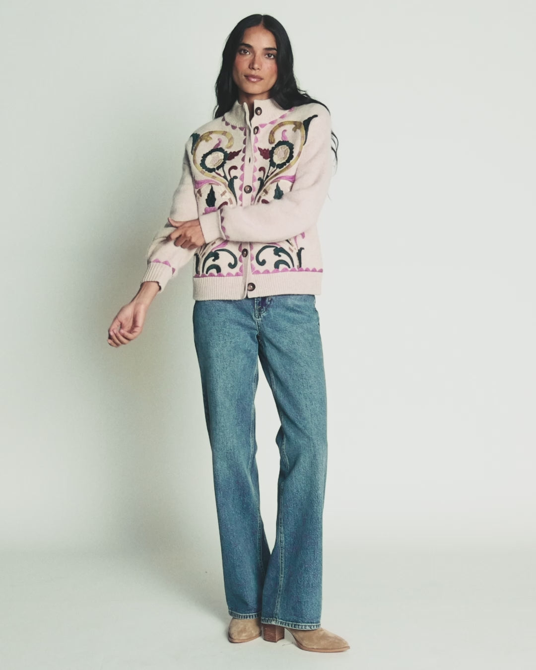 Jemma Jacquard Knit Cardigan-Oatmeal Melange, Embroidery-2