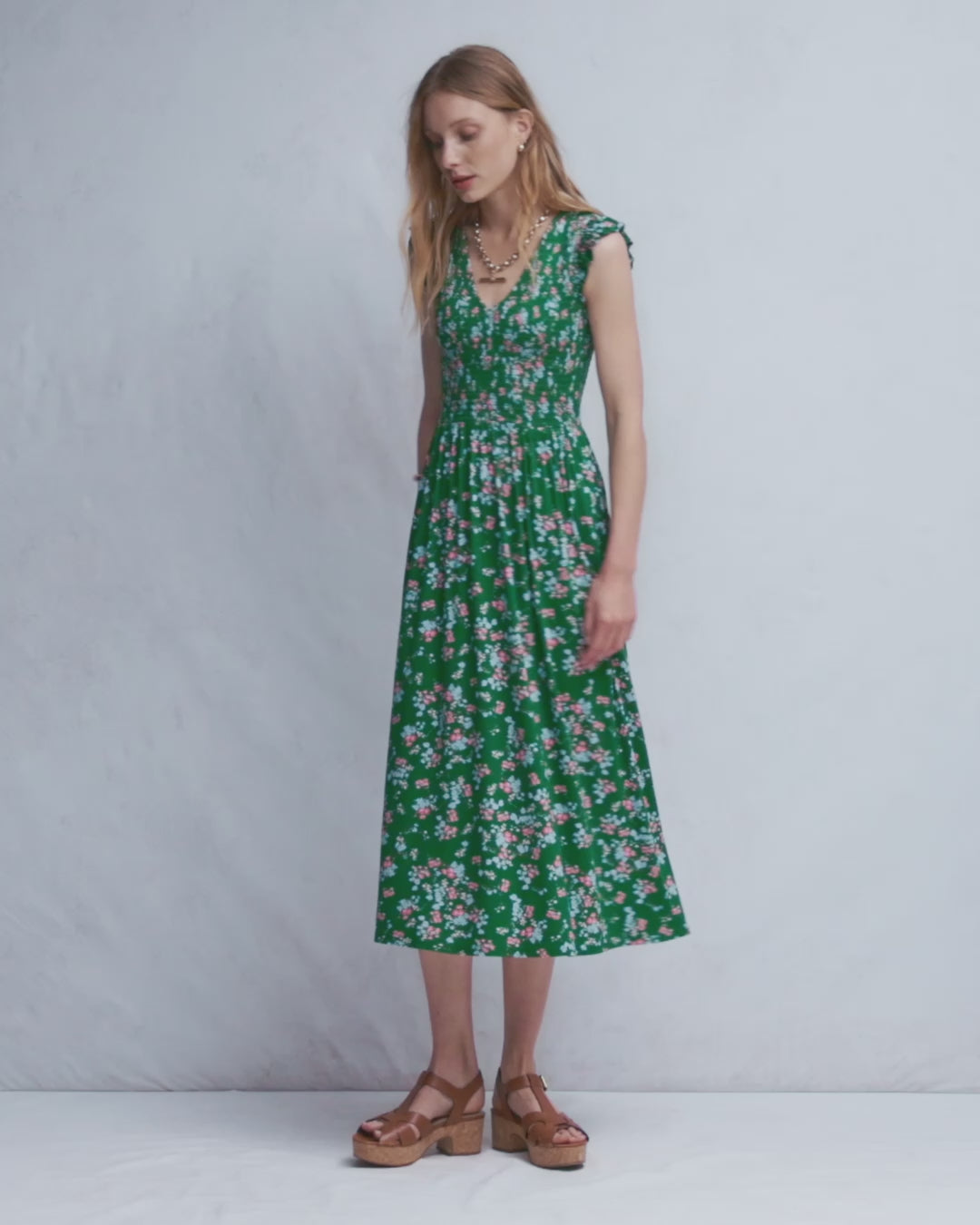 Smocked Jersey Midi Dress-Promenade Green, Bloom Scatter-2