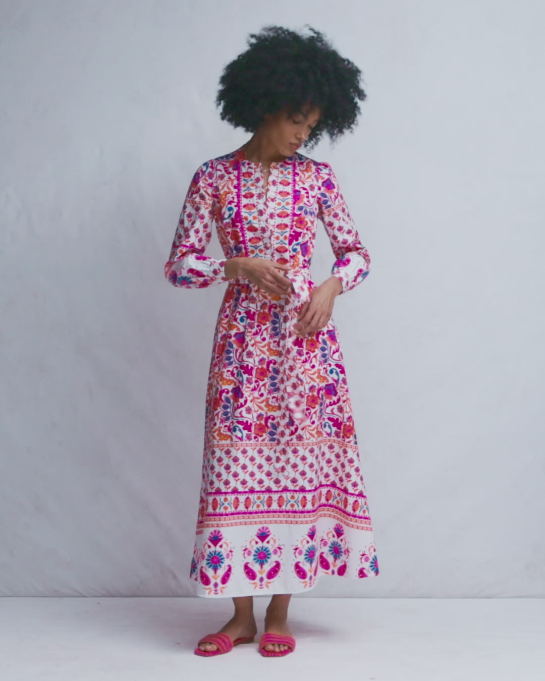 Ava Cotton Midi Dress-Pink Flourishing Meadow Border-2
