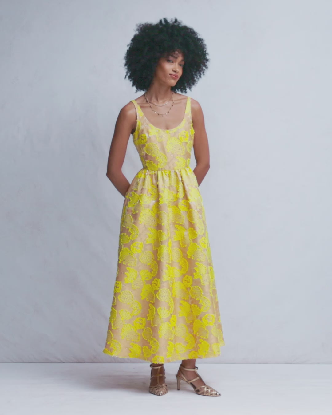 Scoop Neck Jacquard Dress-Yellow Jacquard